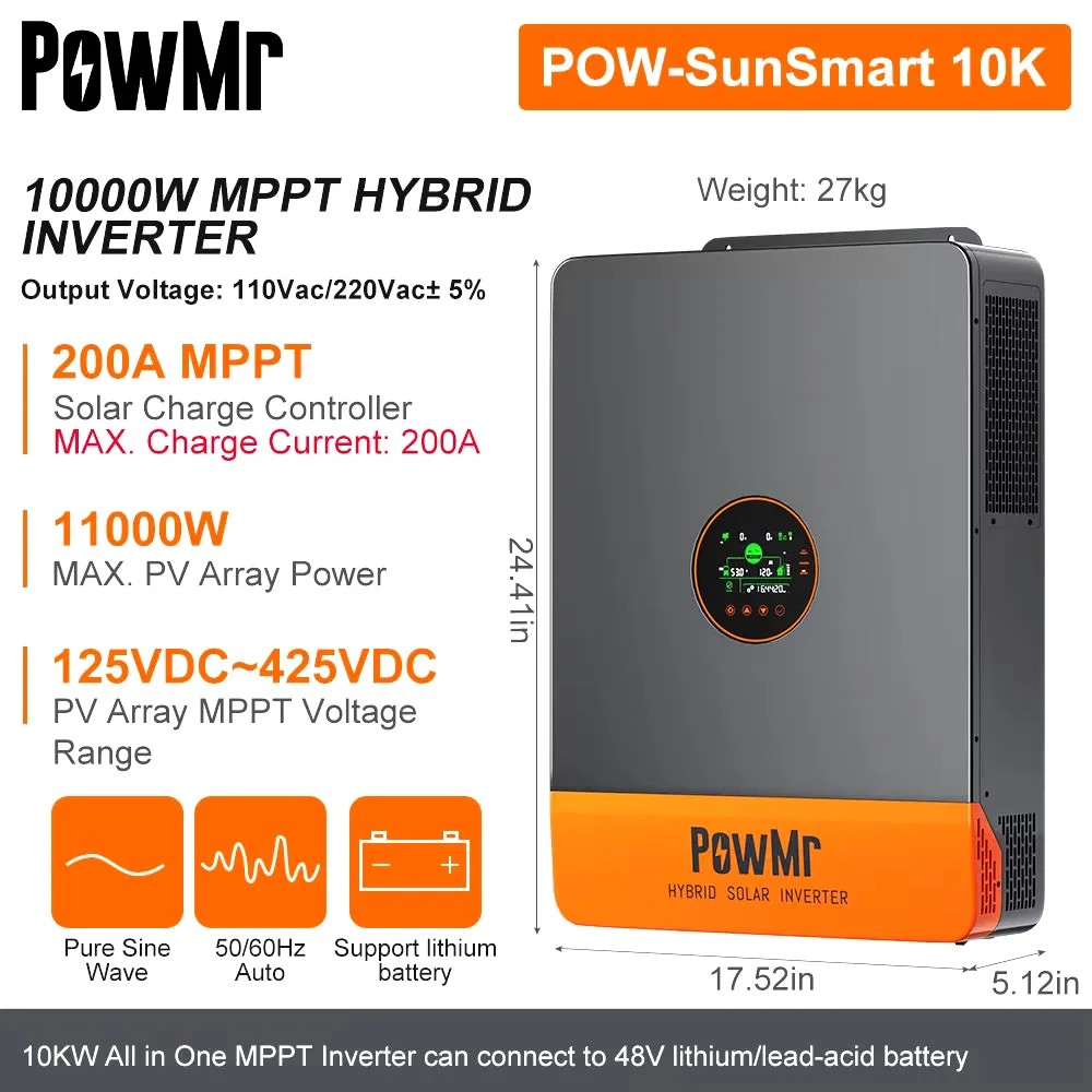 10KW 48V Split Phase Inverter All in One Hybrid Solar Inversor 110/220VAC Output PV 500VDC with Dual MPPT 200A Tracker