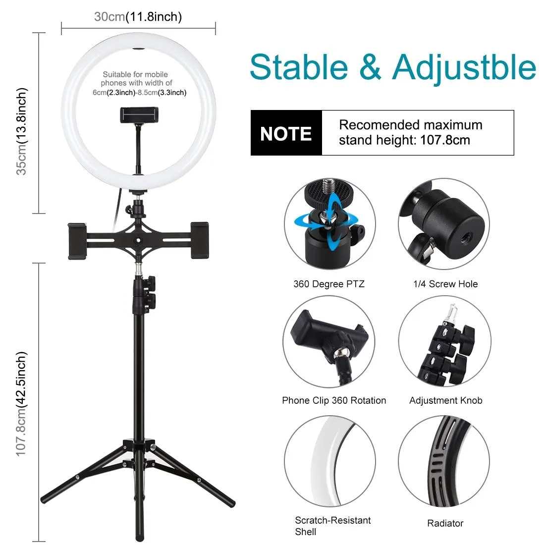 11.8 Led Ring Light with Tripod & Dual Phone Brackets - Usb 3 Modes Dual Colour Temperature - Vlogging & Live Broadcast Kit