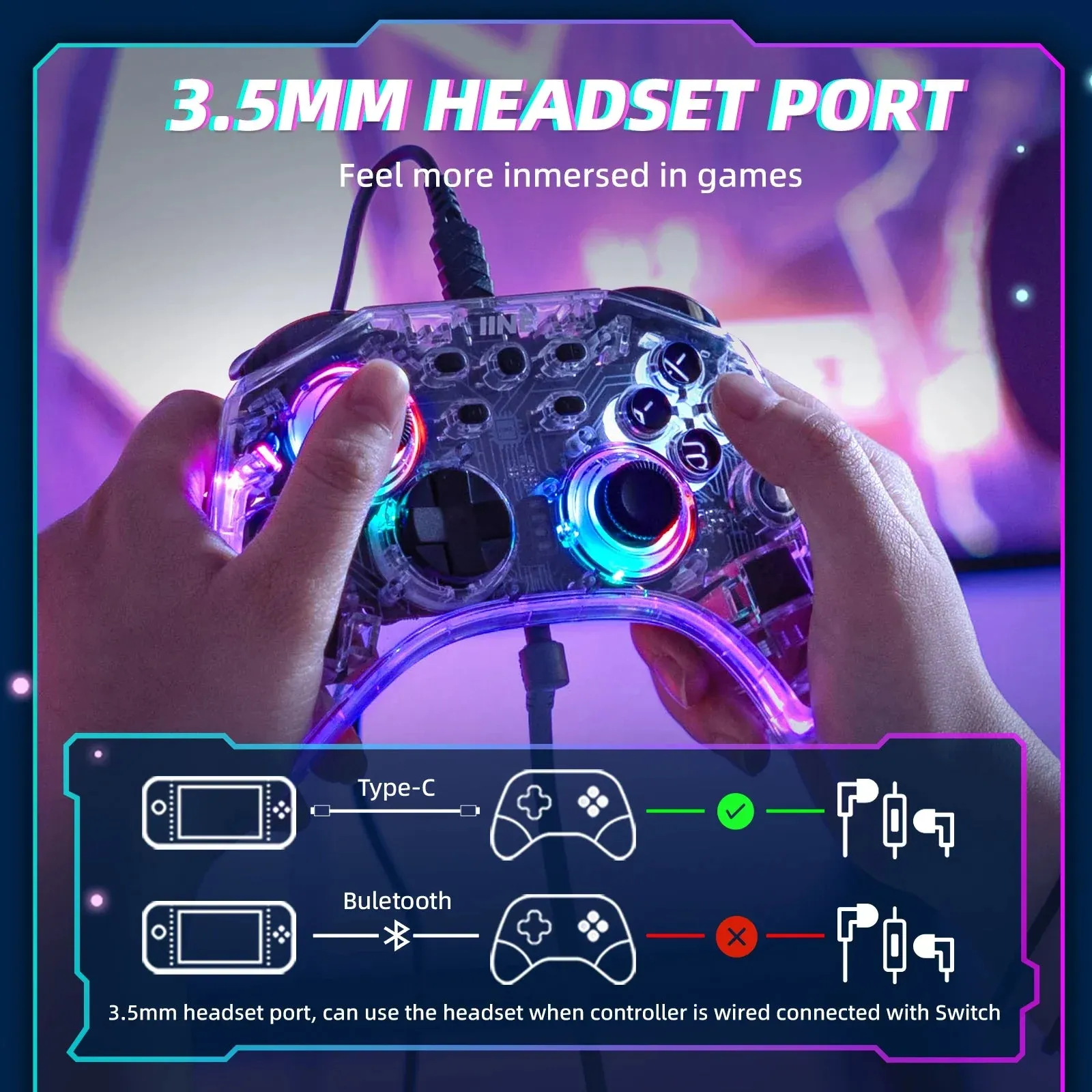 Ares Transparent Wireless Controller with Headset Jack Rgb Light Compatible Nintendo Switch Steam