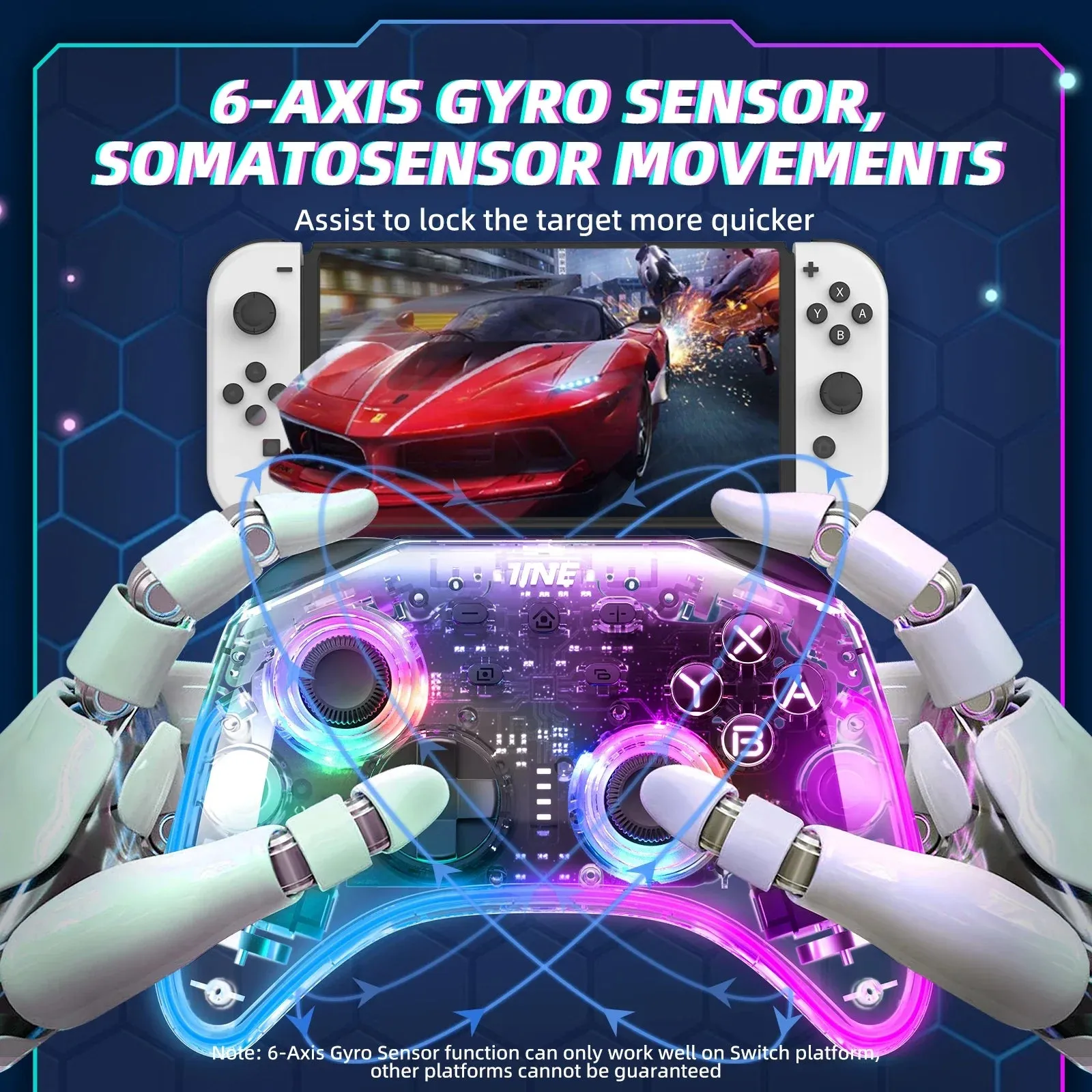 Ares Transparent Wireless Controller with Headset Jack Rgb Light Compatible Nintendo Switch Steam