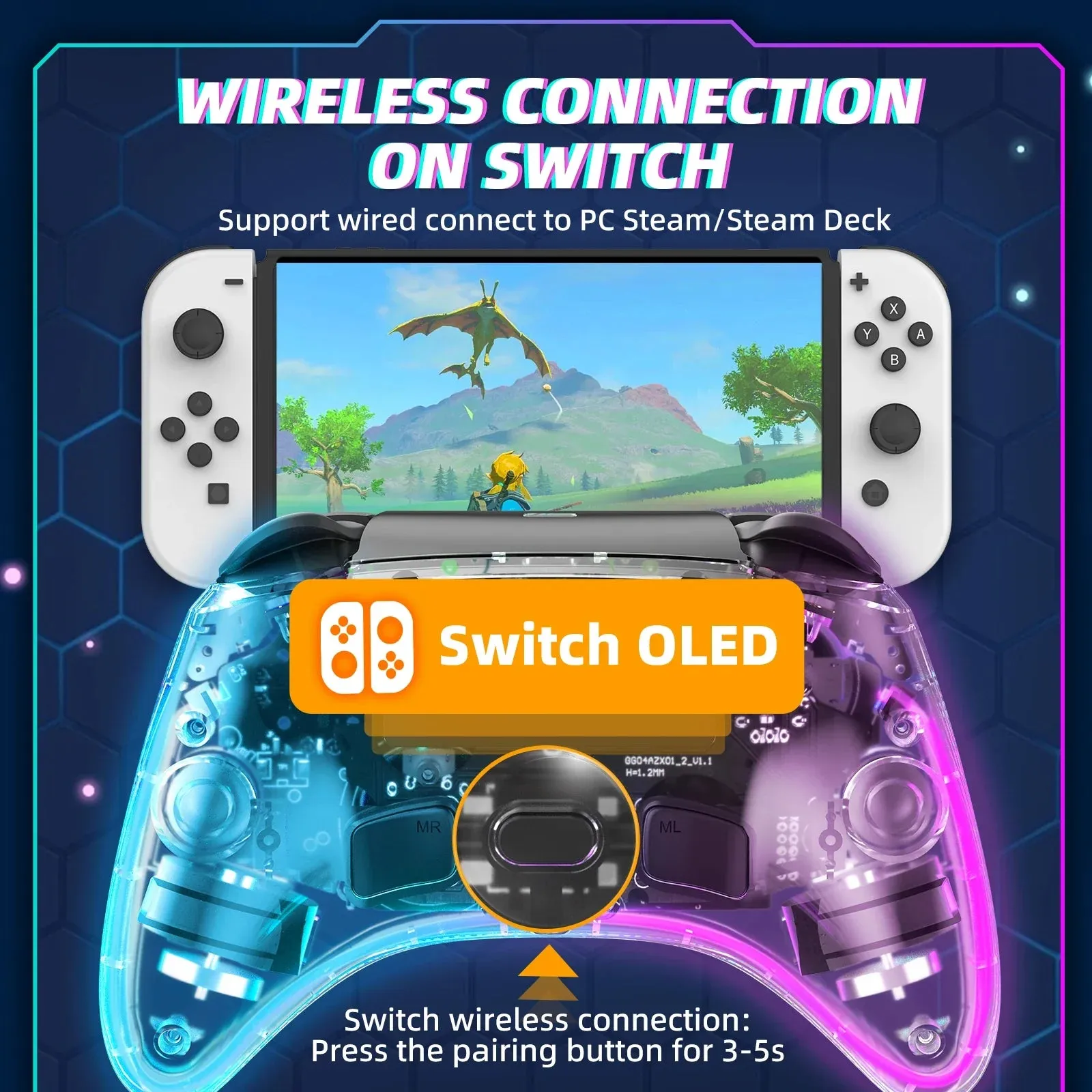 Ares Transparent Wireless Controller with Headset Jack Rgb Light Compatible Nintendo Switch Steam