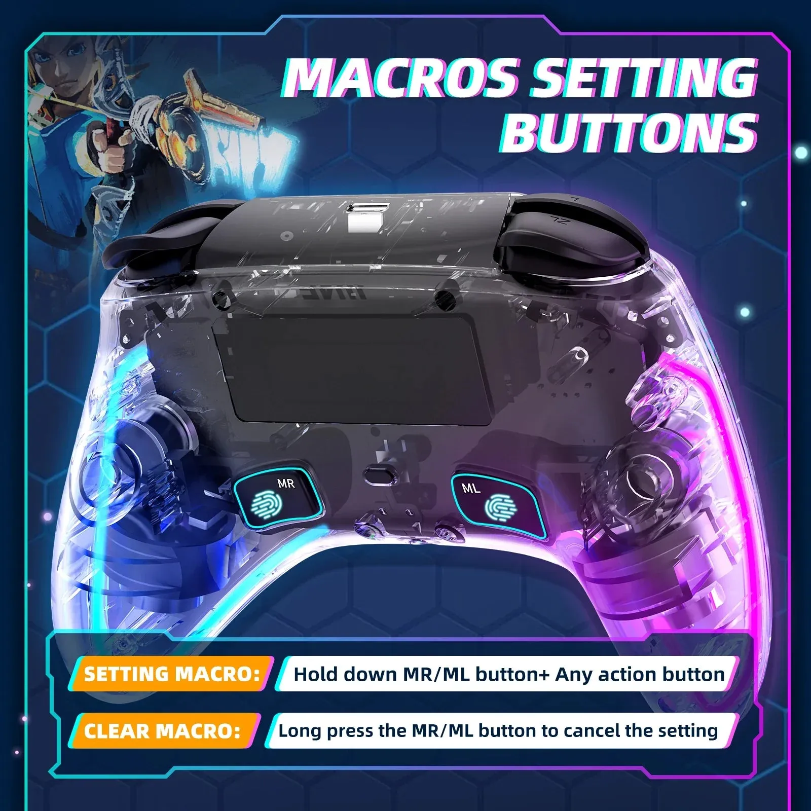 Ares Transparent Wireless Controller with Headset Jack Rgb Light Compatible Nintendo Switch Steam