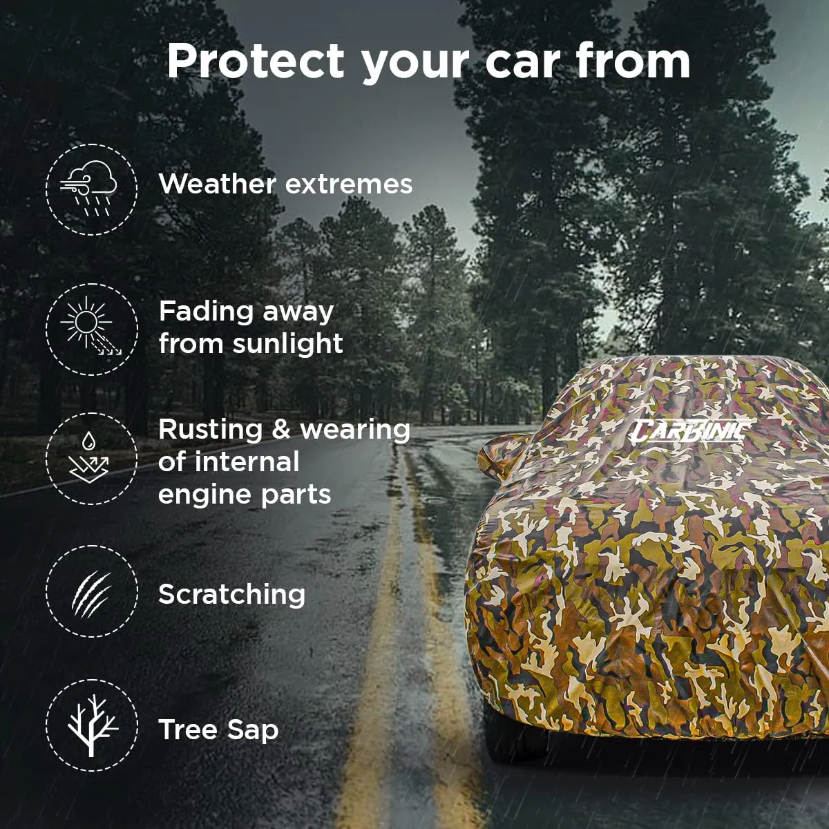 CARBINIC Car Cover for Maruti Ertiga 2022 Waterproof (Tested) and Dustproof Custom Fit UV Heat Resistant Outdoor Protection with Triple Stitched Fully Elastic Surface | Jungle with Pockets (Jungle)