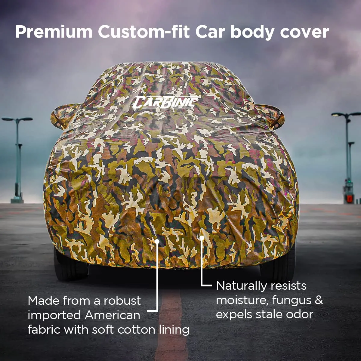 CARBINIC Car Cover for Maruti Ertiga 2022 Waterproof (Tested) and Dustproof Custom Fit UV Heat Resistant Outdoor Protection with Triple Stitched Fully Elastic Surface | Jungle with Pockets (Jungle)