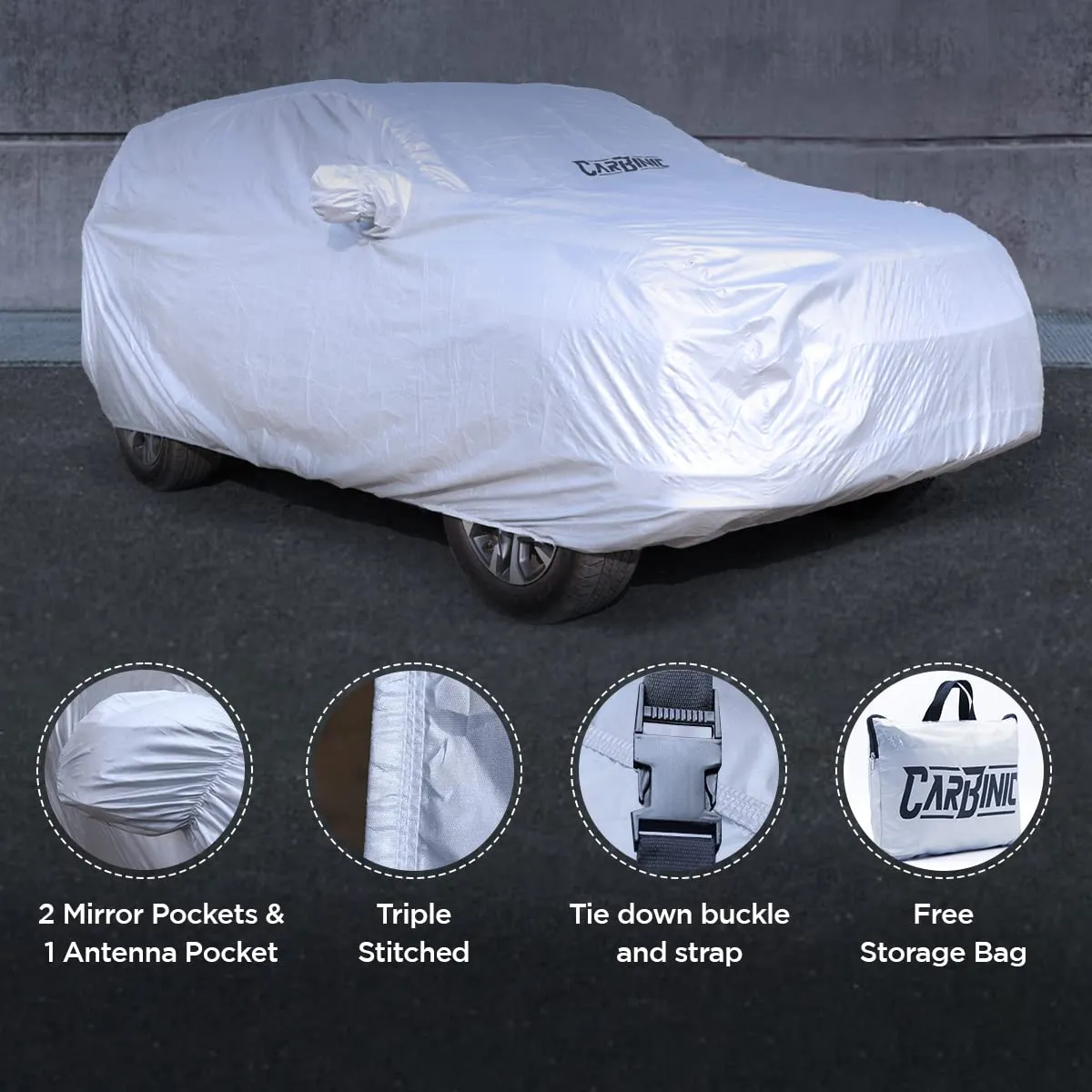 CARBINIC Car Cover for Maruti Ertiga 2022 Waterproof (Tested) and Dustproof Custom Fit UV Heat Resistant Outdoor Protection with Triple Stitched Fully Elastic Surface | Jungle with Pockets (Silver)