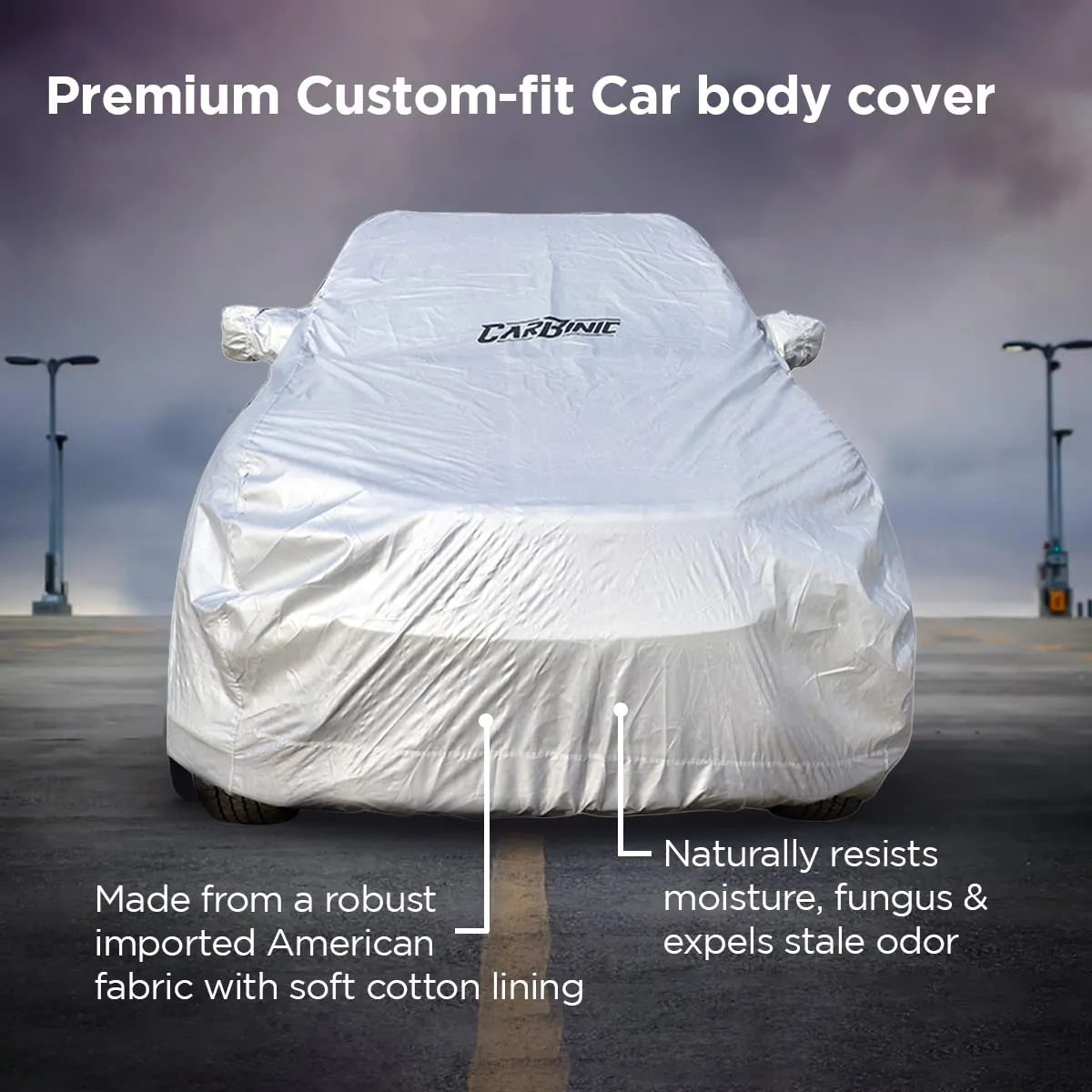 CARBINIC Car Cover for Maruti Ertiga 2022 Waterproof (Tested) and Dustproof Custom Fit UV Heat Resistant Outdoor Protection with Triple Stitched Fully Elastic Surface | Jungle with Pockets (Silver)