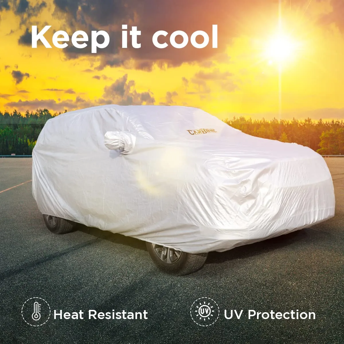 CARBINIC Car Cover for Maruti Ertiga 2022 Waterproof (Tested) and Dustproof Custom Fit UV Heat Resistant Outdoor Protection with Triple Stitched Fully Elastic Surface | Jungle with Pockets (Silver)