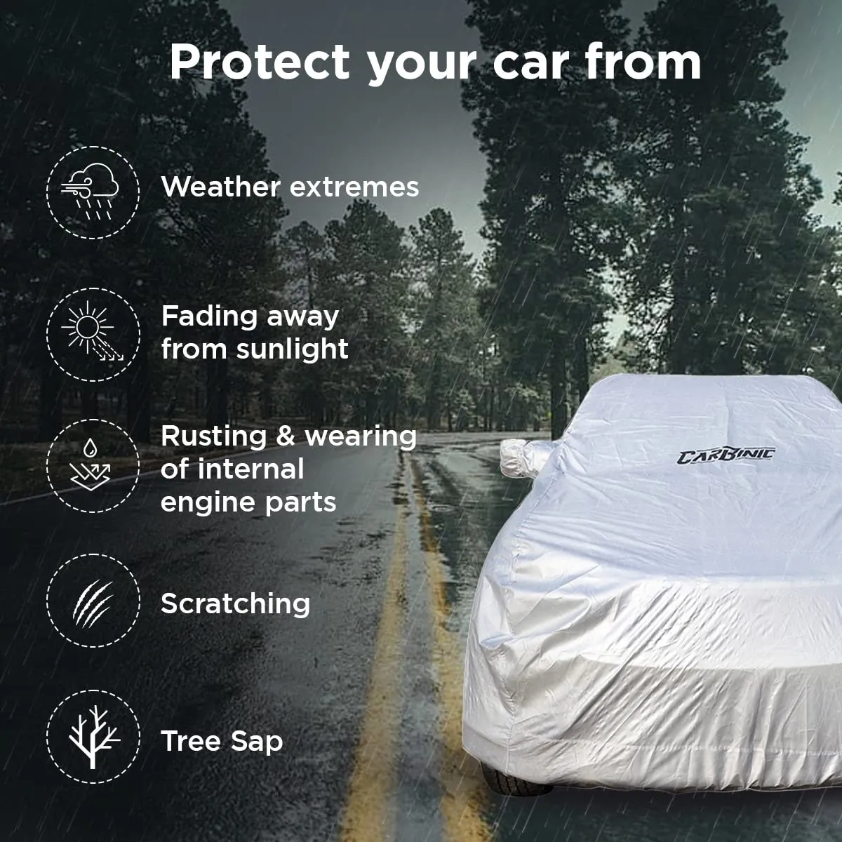 CARBINIC Car Cover for Maruti Ertiga 2022 Waterproof (Tested) and Dustproof Custom Fit UV Heat Resistant Outdoor Protection with Triple Stitched Fully Elastic Surface | Jungle with Pockets (Silver)