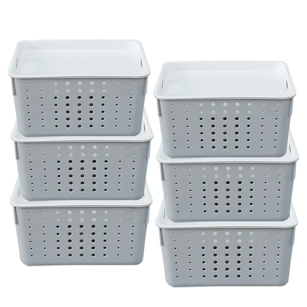 Kuber Industries Multipurpose Small Storage Basket with Lid|Dotted Design Storage Organizer|Basket For Cosmetic, Fruits, Assesories|Pack of 6|Grey|