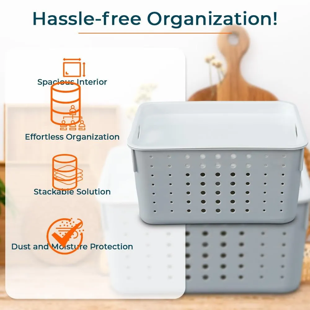Kuber Industries Multipurpose Small Storage Basket with Lid|Dotted Design Storage Organizer|Basket For Cosmetic, Fruits, Assesories|Pack of 6|Grey|