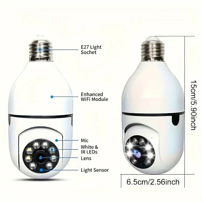Lightbulb Security Camera 2.4GHz, Bulb 360 Degrees Wifi Outdoor Indoor Full Color Day And Night