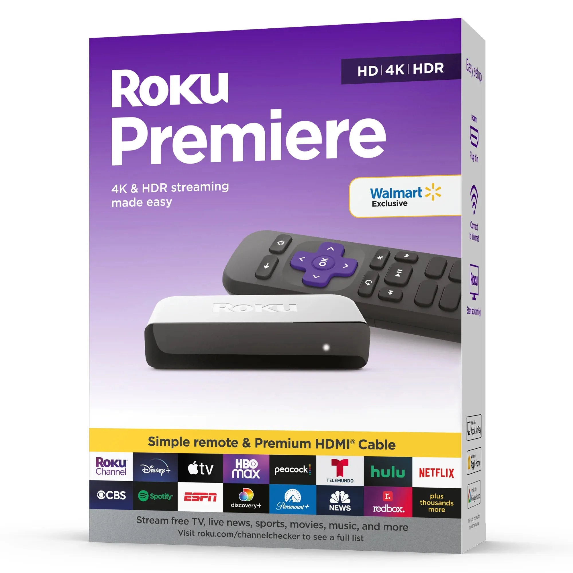 Roku Premiere | 4K/HDR Streaming Media Player Wi-Fi Enabled with Premium High Speed HDMI Cable and Standard Remote