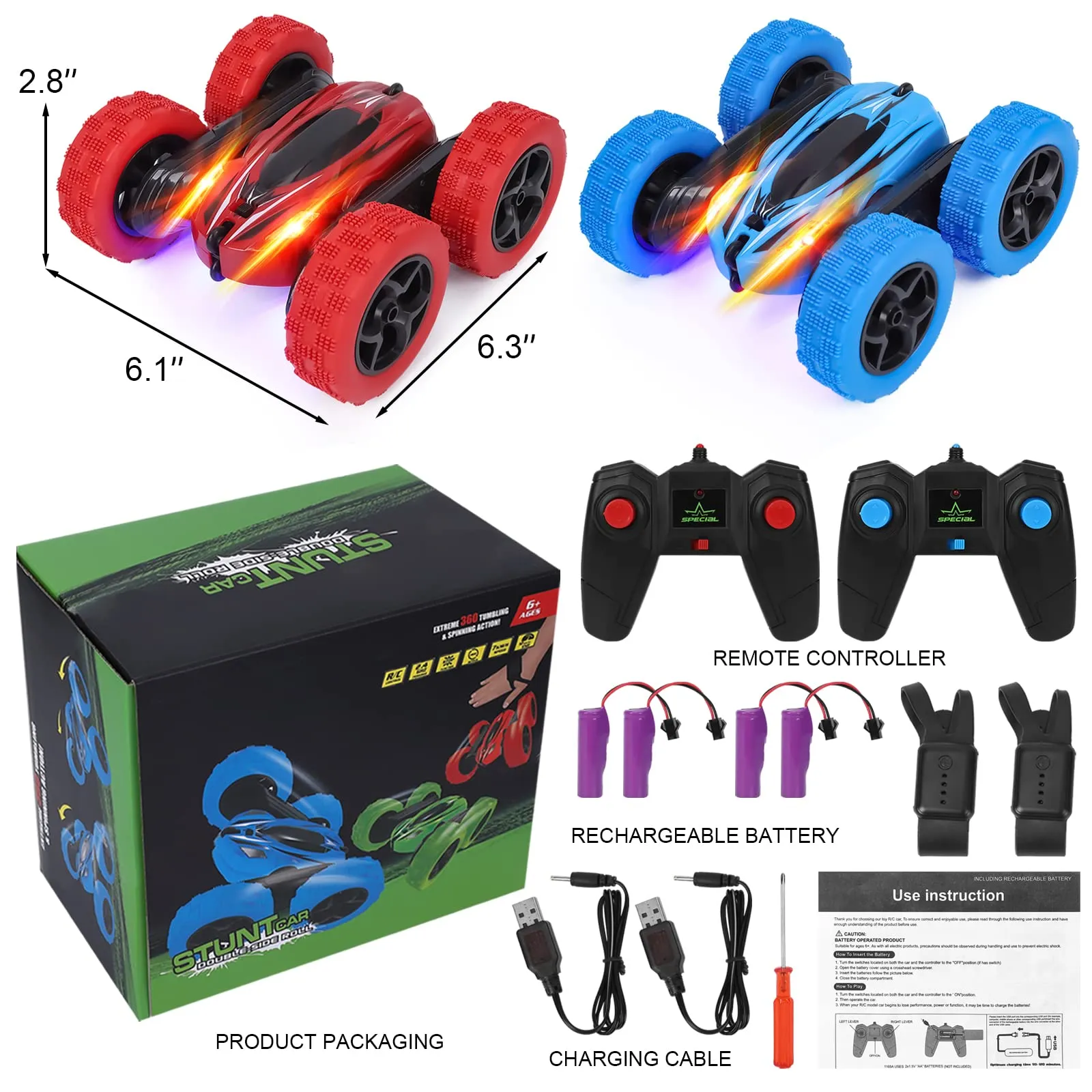 THINKMAX 2Pack RC Stunt Car Watch Gesture Sensor Car Blue Red