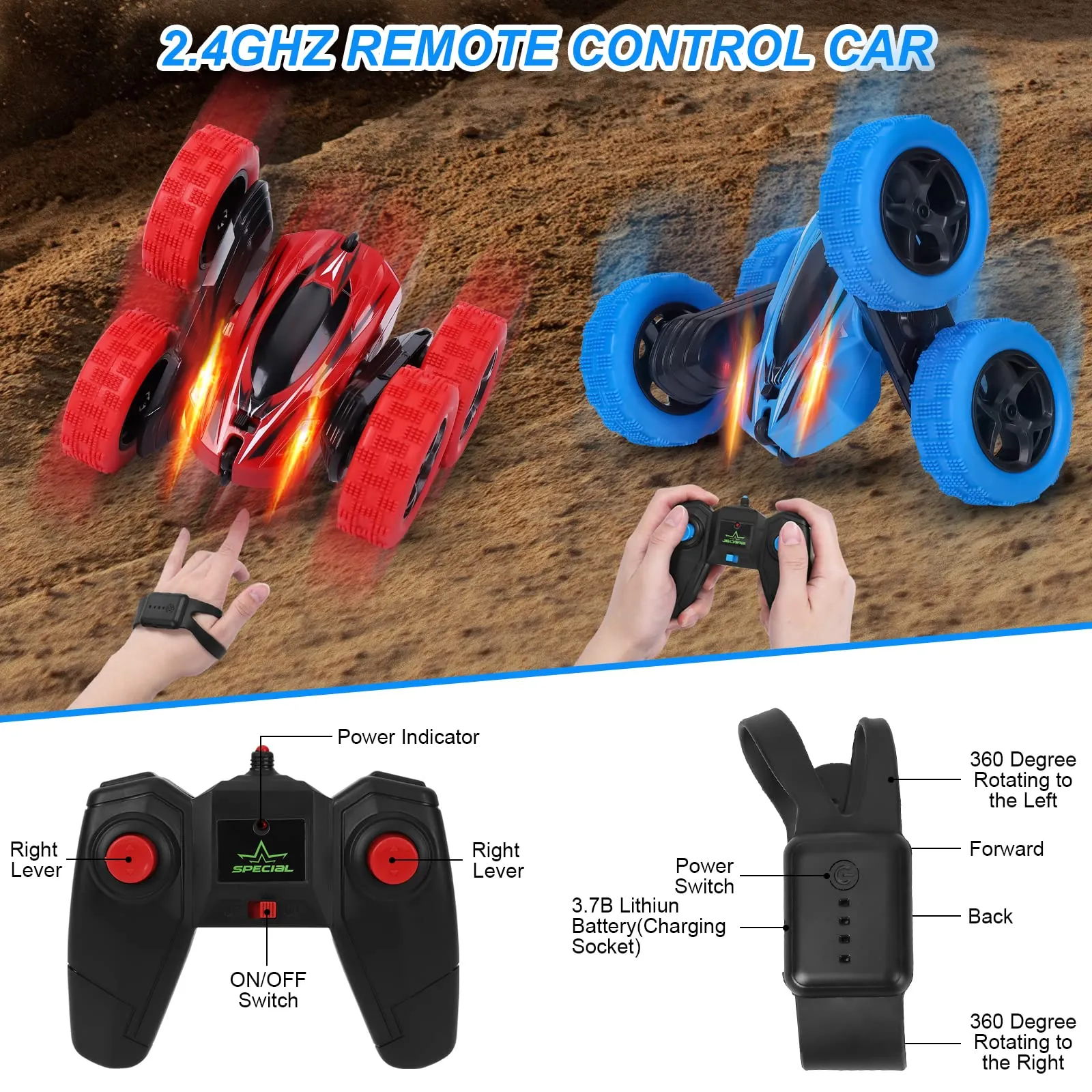 THINKMAX 2Pack RC Stunt Car Watch Gesture Sensor Car Blue Red
