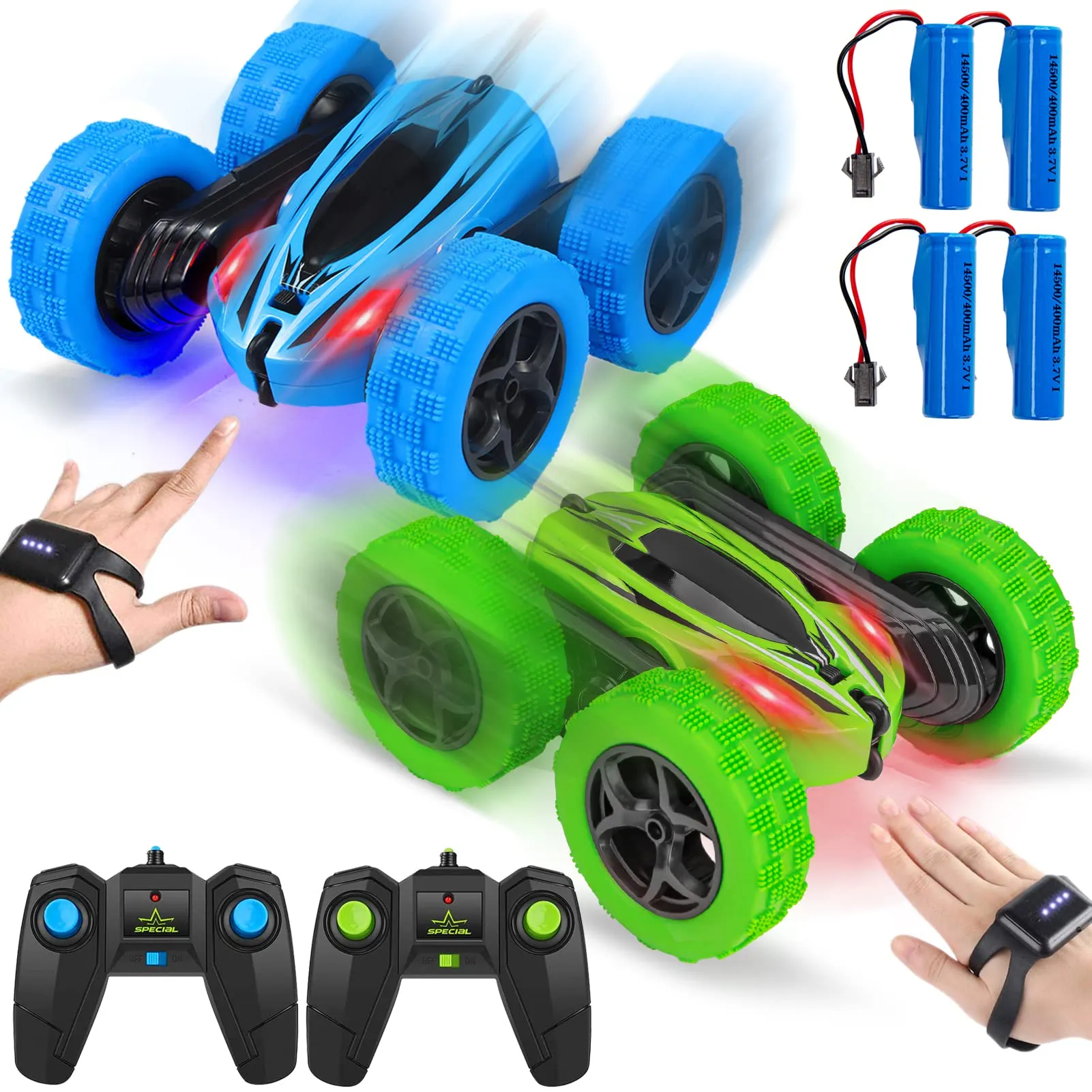 THINKMAX 2Pack RC Stunt Car Watch Gesture Sensor Car Green Red
