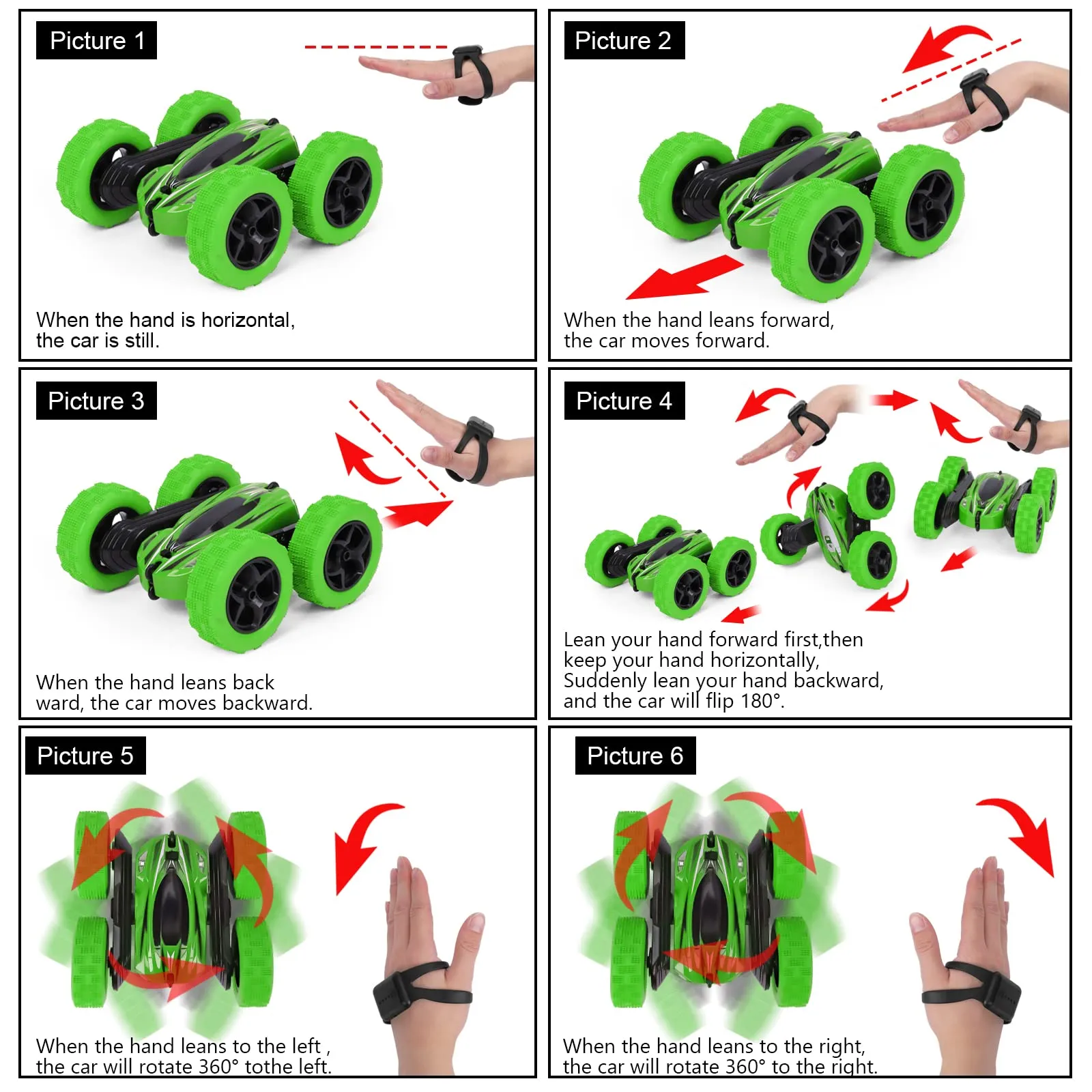THINKMAX 2Pack RC Stunt Car Watch Gesture Sensor Car Green Red