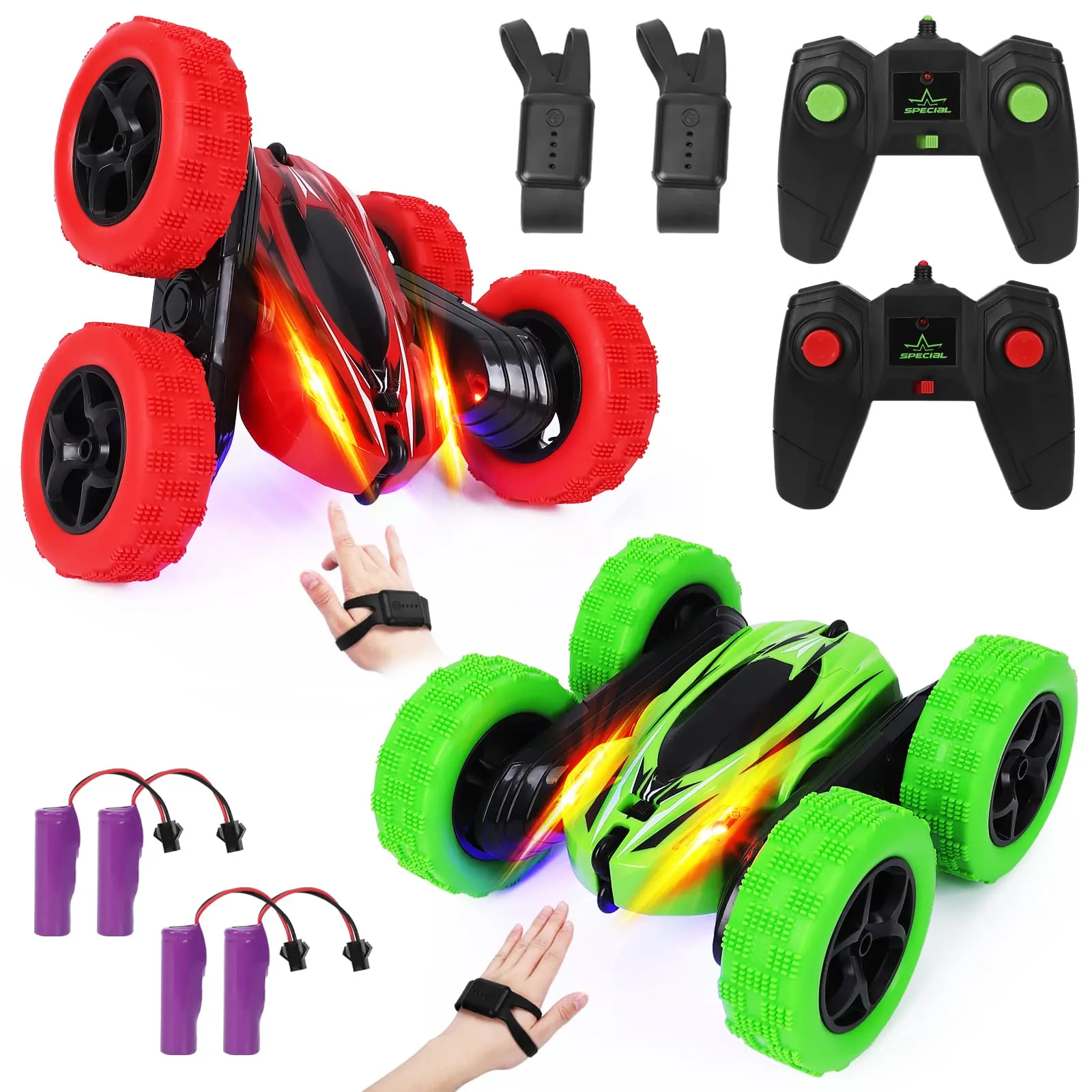 THINKMAX 2Pack RC Stunt Car Watch Gesture Sensor Car Green Red