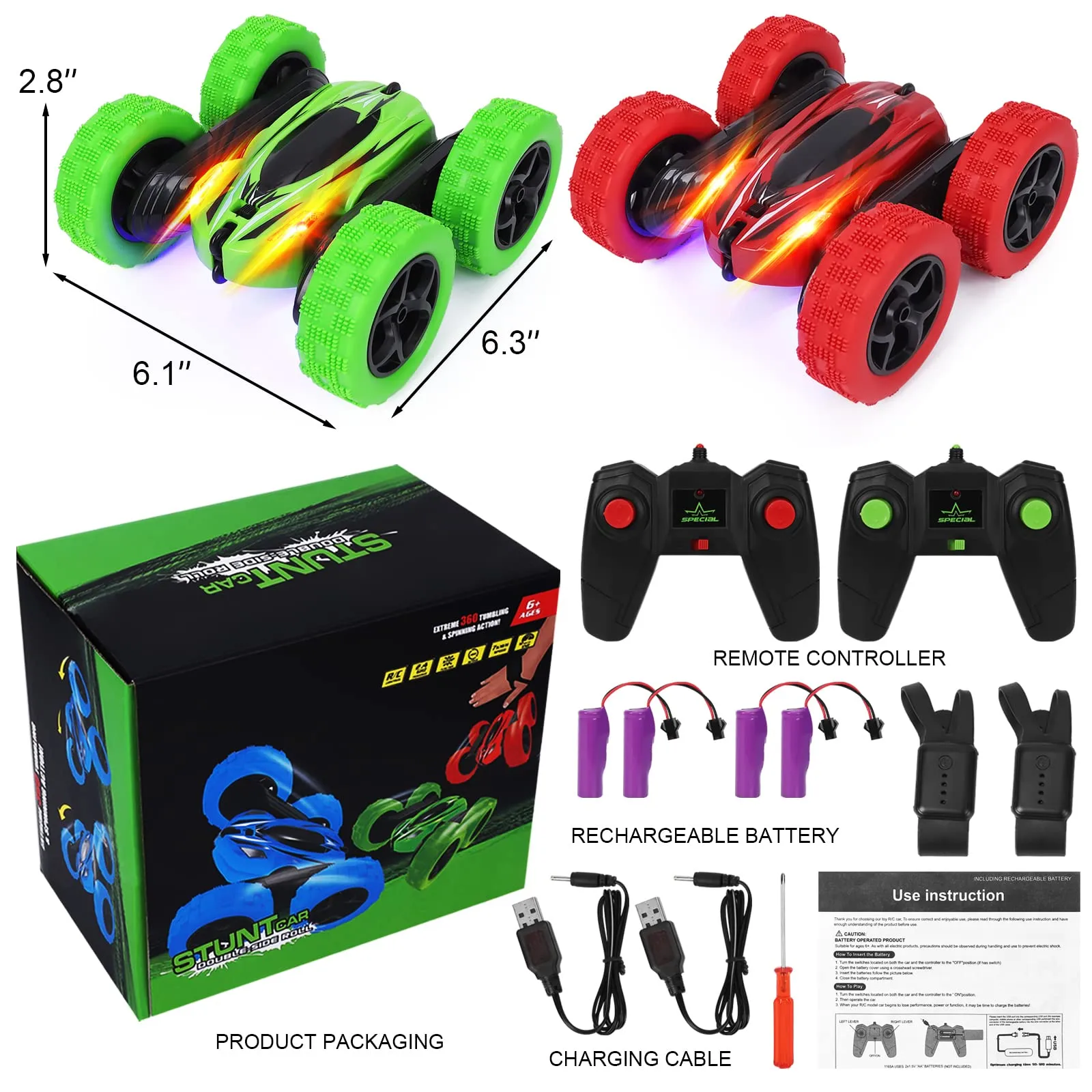 THINKMAX 2Pack RC Stunt Car Watch Gesture Sensor Car Green Red