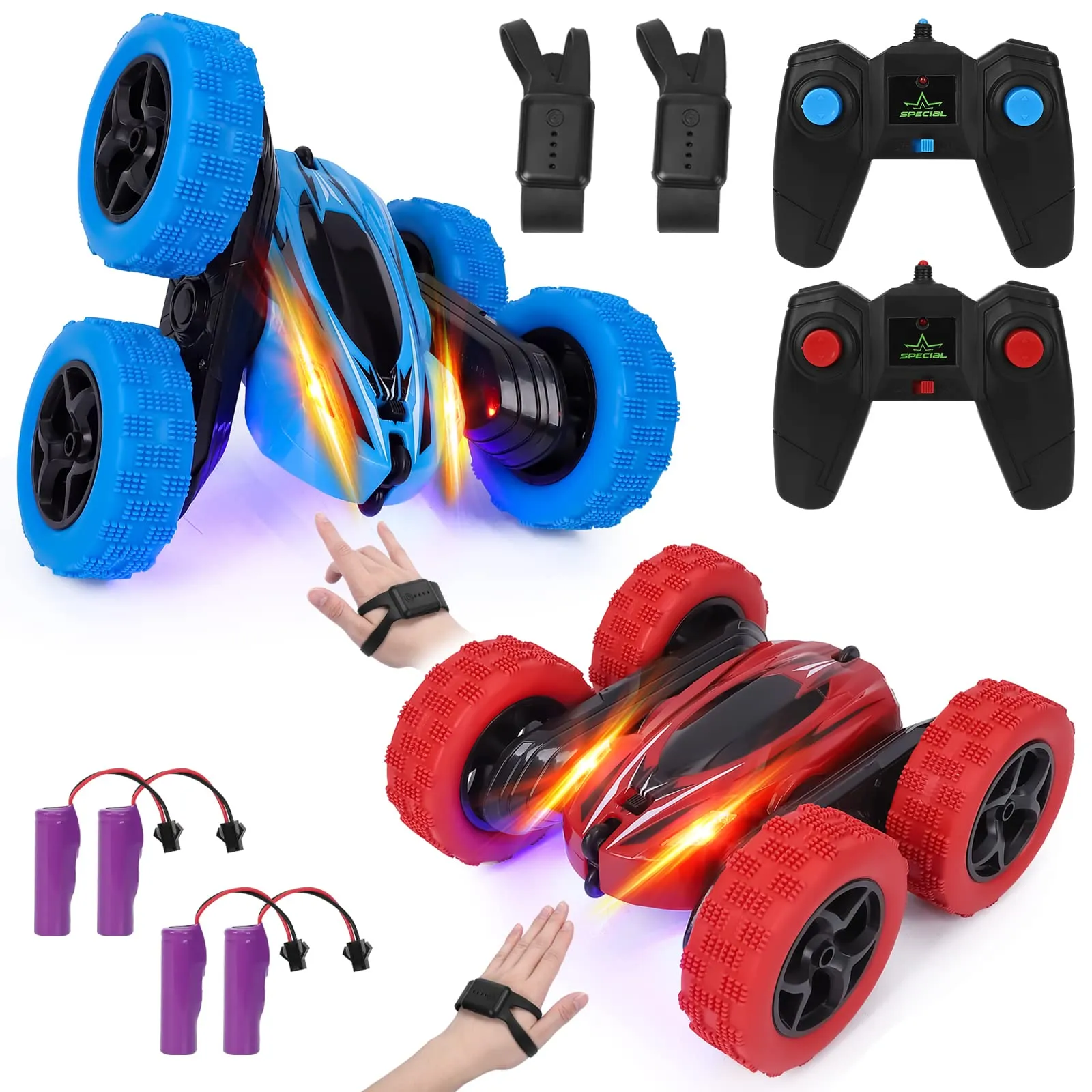 THINKMAX 2Pack RC Stunt Car Watch Gesture Sensor Car Green Red