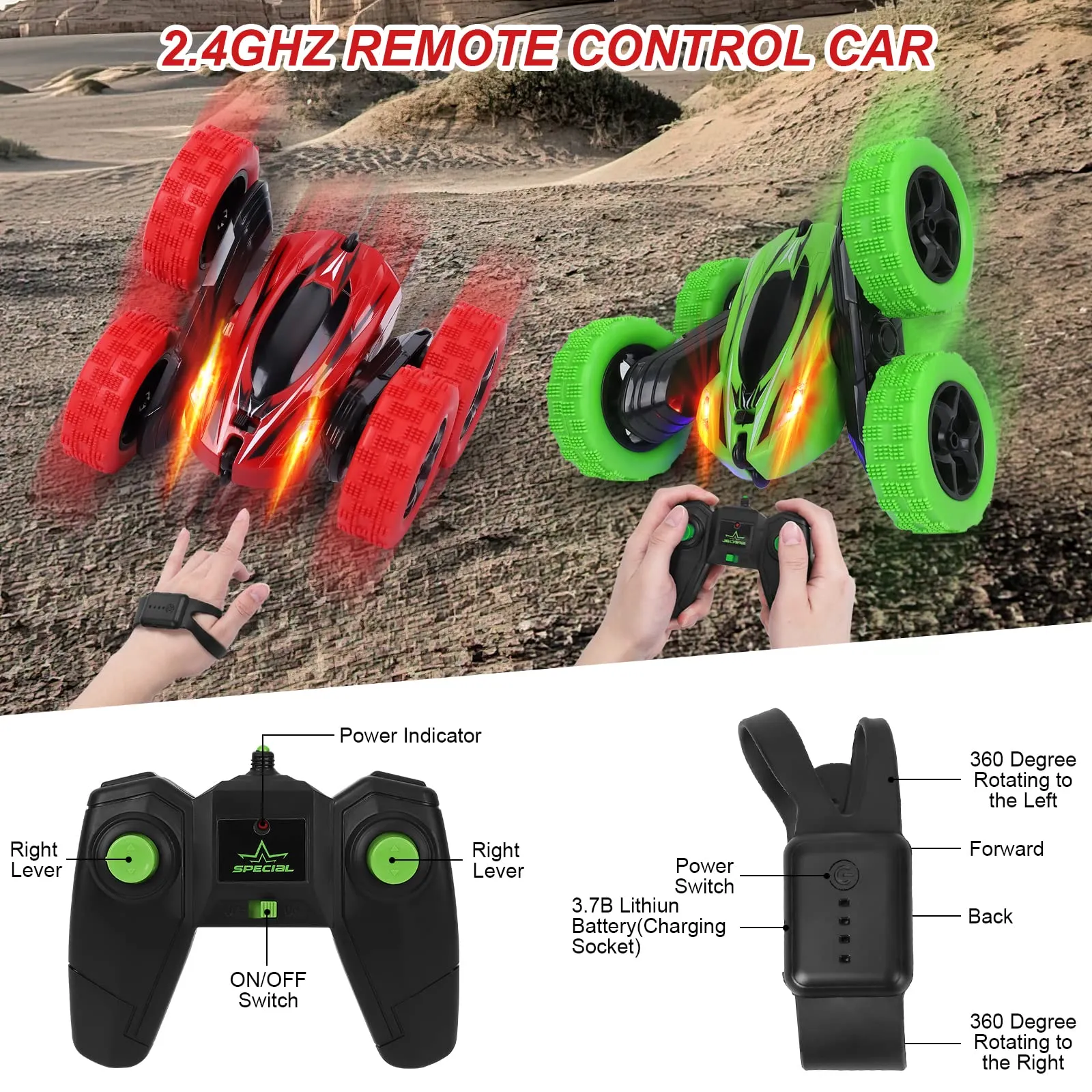 THINKMAX 2Pack RC Stunt Car Watch Gesture Sensor Car Green Red