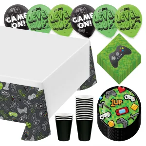 Video Game Party Level Up Gamer Paper Dessert Plates, Napkins, Cups, Table Cover, and Balloons (Serves 16)