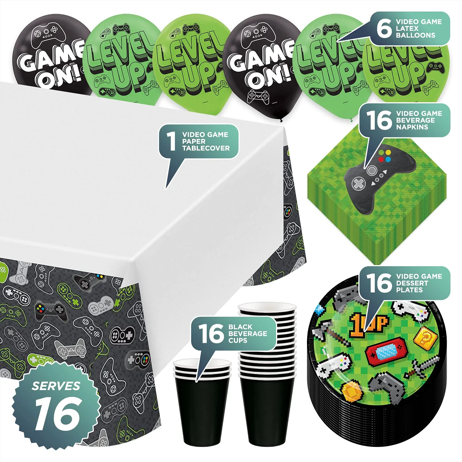 Video Game Party Level Up Gamer Paper Dessert Plates, Napkins, Cups, Table Cover, and Balloons (Serves 16)