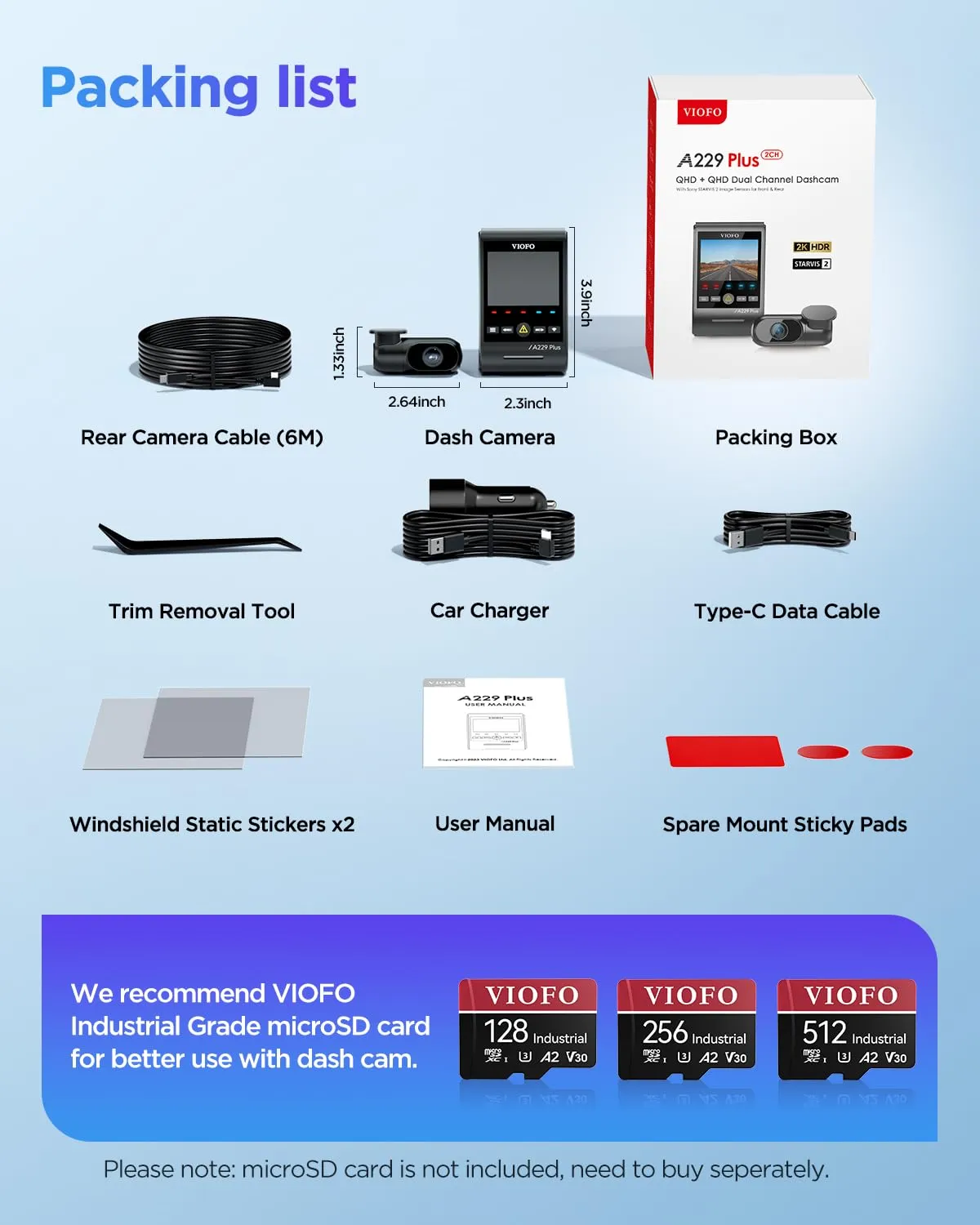 VIOFO A229 Plus Dash Cam Front and Rear, Dual STARVIS 2 Sensors, 2 Channel HDR, 1440P 1440P Voice Control Car Dash Camera, 5GHz Wi-Fi, Support 512GB Max, Voice Control, Ultra-Precise GPS