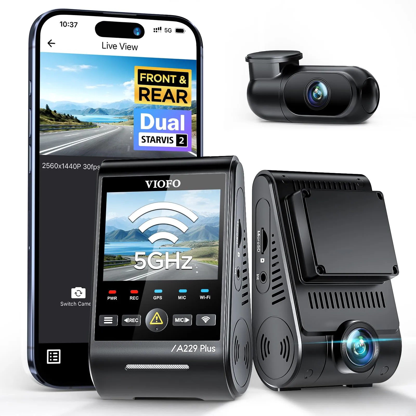 VIOFO A229 Plus Dash Cam Front and Rear, Dual STARVIS 2 Sensors, 2 Channel HDR, 1440P 1440P Voice Control Car Dash Camera, 5GHz Wi-Fi, Support 512GB Max, Voice Control, Ultra-Precise GPS