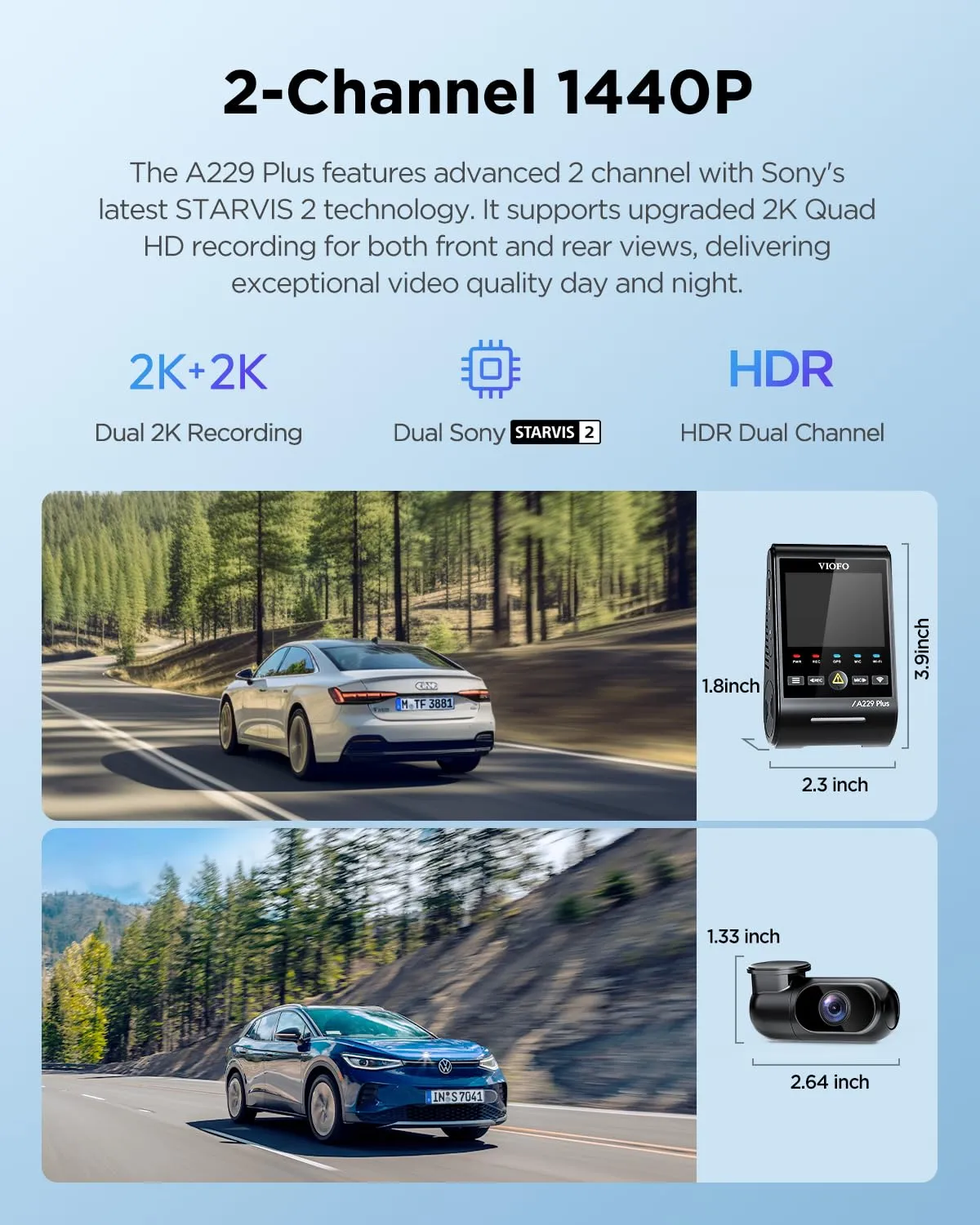 VIOFO A229 Plus Dash Cam Front and Rear, Dual STARVIS 2 Sensors, 2 Channel HDR, 1440P 1440P Voice Control Car Dash Camera, 5GHz Wi-Fi, Support 512GB Max, Voice Control, Ultra-Precise GPS